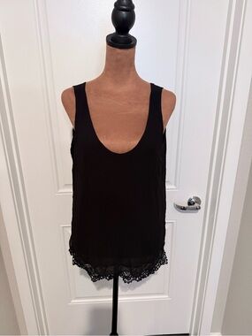 Black Sheer Chiffon Sleeveless Tunic Top with Lace Hem – Size M